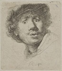 REMBRANDT, Autoportrait au bonnet, les yeux grands ouverts, 1630