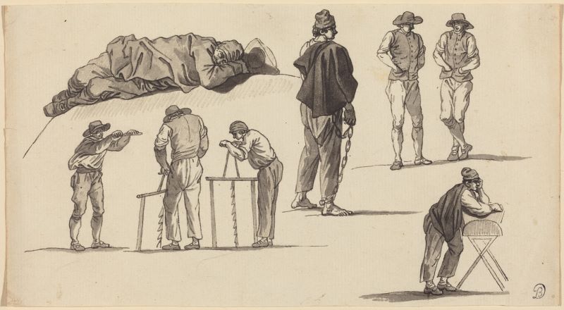 VERNET Joseph, Études de figures, comprenant un homme dormant sur le sol et deux hommes sciant